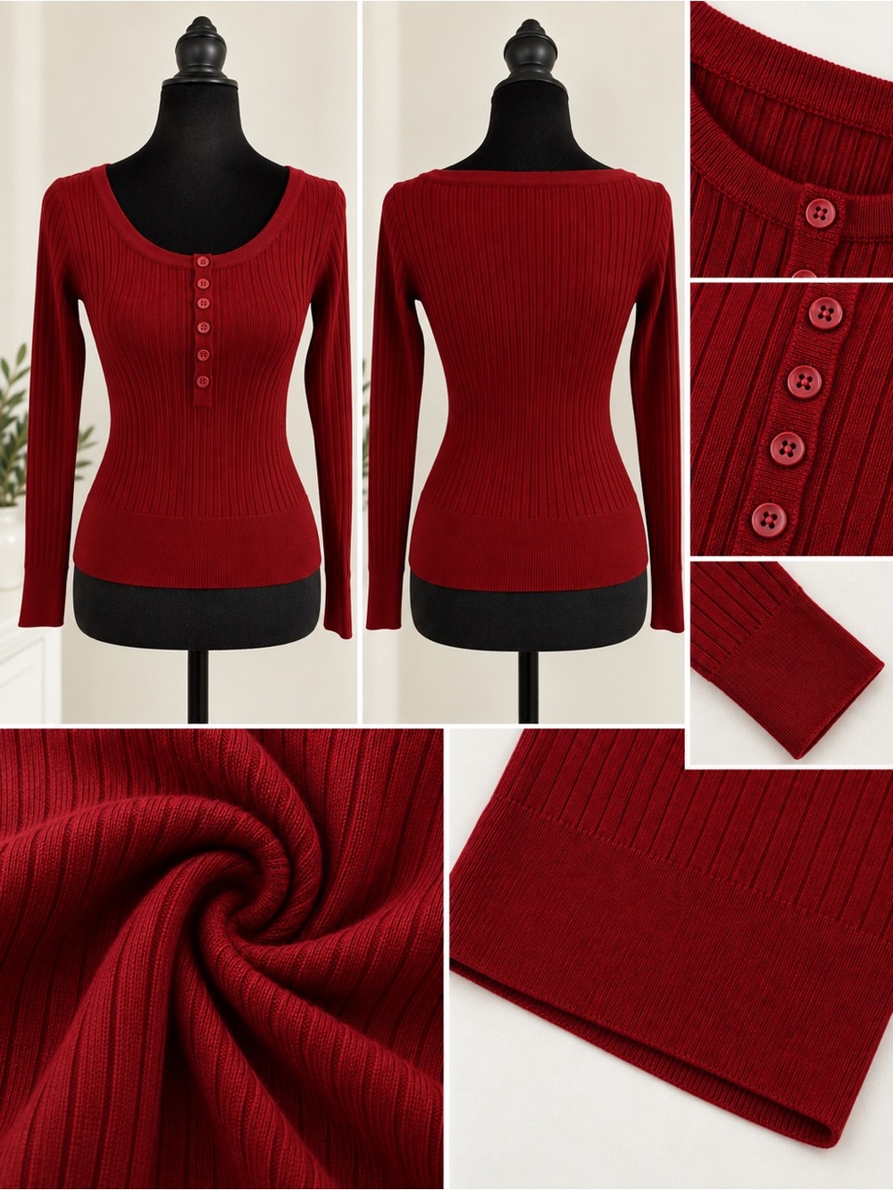 Ribbed Button-Front Long Sleeve Sweater - Red